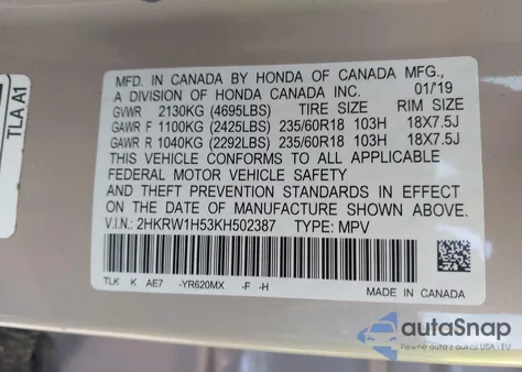 2019 Honda Cr-V Ex из США, поврежденный, VIN 2HKRW1H53KH502387